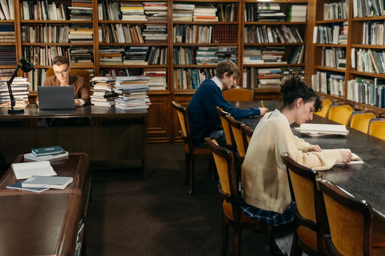 Students engaged in study inside a peaceful library with bookshelves.